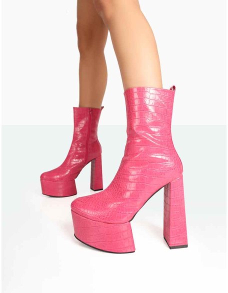 Parker Pink Patent Croc Platform Rounded Pointed Toe Block Heeled Ankle Boots