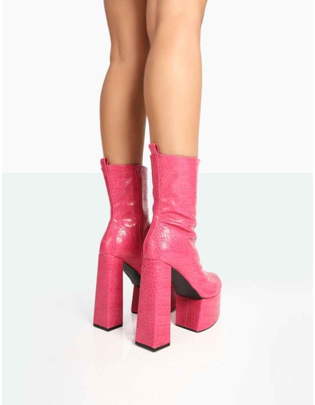 Parker Pink Patent Croc Platform Rounded Pointed Toe Block Heeled Ankle Boots