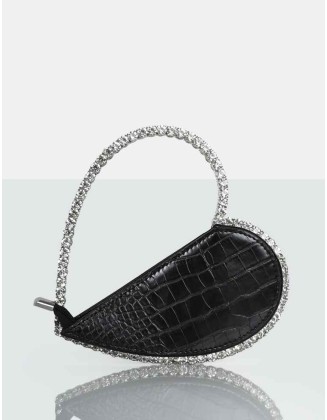 The Zee Black Croc Diamante Love Heart Grab Bag