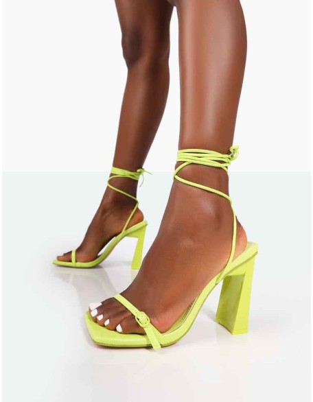 Cleo Lime Pu Square Toe Strappy Lace Up Block Heels