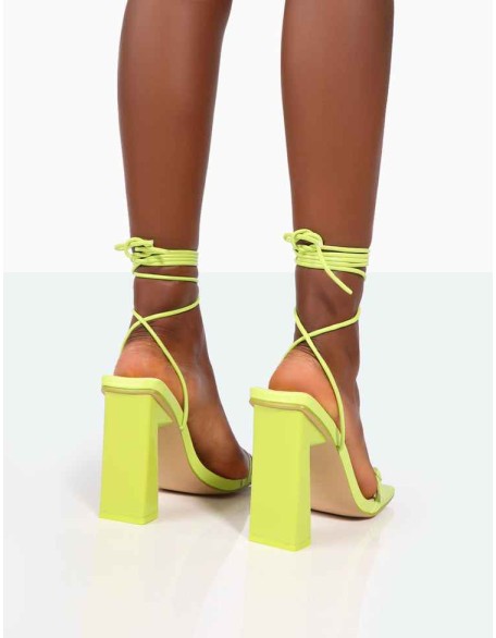 Cleo Lime Pu Square Toe Strappy Lace Up Block Heels
