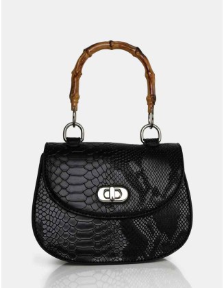 The Kalena Black Croc Bamboo Handle Mini Bag