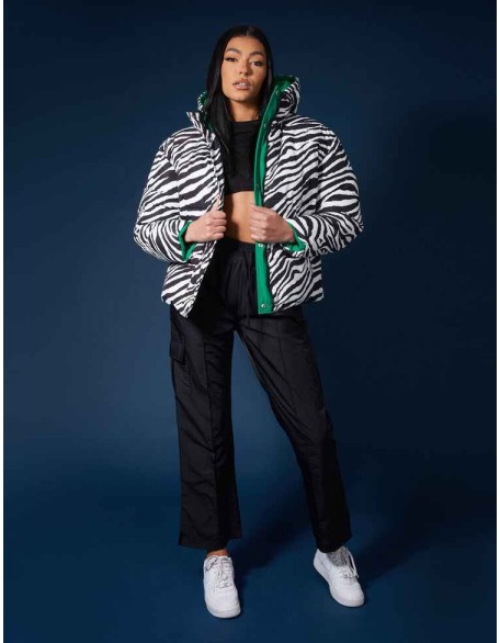 REVERSIBLE QUILTED PUFFER GREEN AND ZEBRA