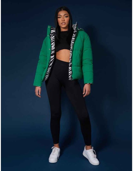 REVERSIBLE QUILTED PUFFER GREEN AND ZEBRA