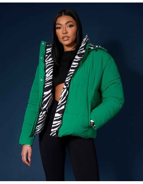 REVERSIBLE QUILTED PUFFER GREEN AND ZEBRA