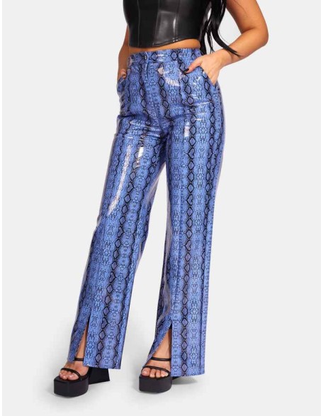 SNAKE PRINT PU WIDE LEG TROUSERS BLUE