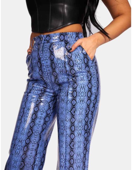 SNAKE PRINT PU WIDE LEG TROUSERS BLUE