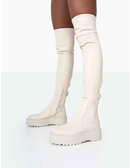 Pheonixe Ecru Pu Chunky Sole Round Toe Over The Knee Boots