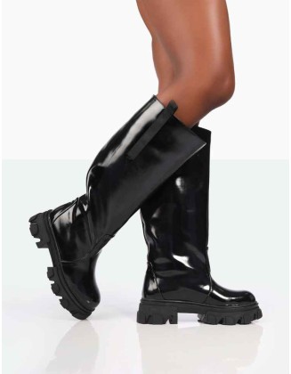 Genius Wide Fit Black Box Patent Knee High Chunky Sole Boots