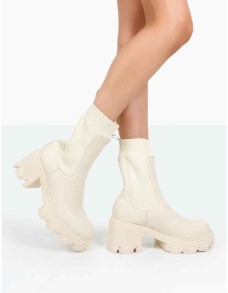 Everdeen Ecru PU And Knit Chunky Heeled Platform Sock Ankle Boots