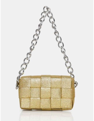 The Mayan Champagne Glitter Weave Gold Chain Detail Shoulder Bag