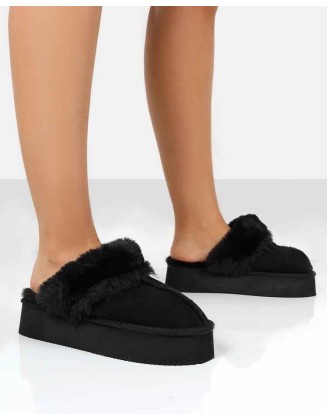 Cosy Black Faux Suede Platform Slider Slipper