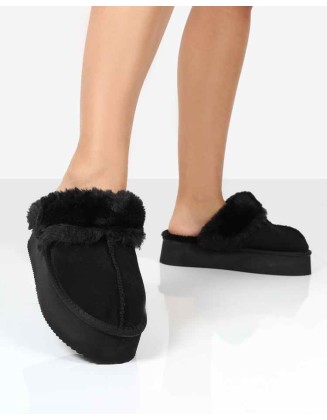 Cosy Black Faux Suede Platform Slider Slipper