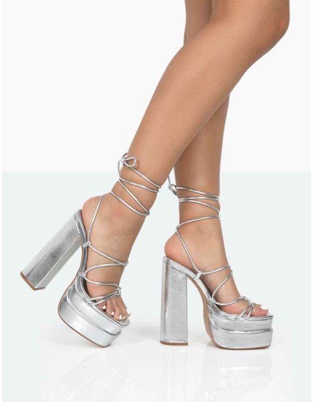 Glow Girl Silver Metallic PU Lace Up Platform High Heels