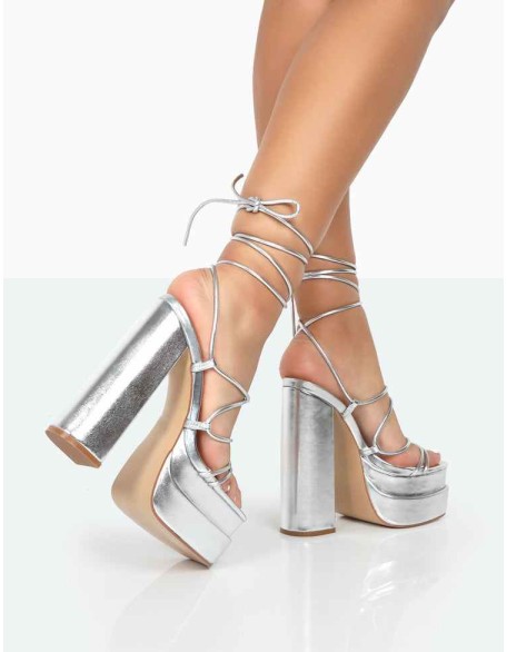 Glow Girl Silver Metallic PU Lace Up Platform High Heels