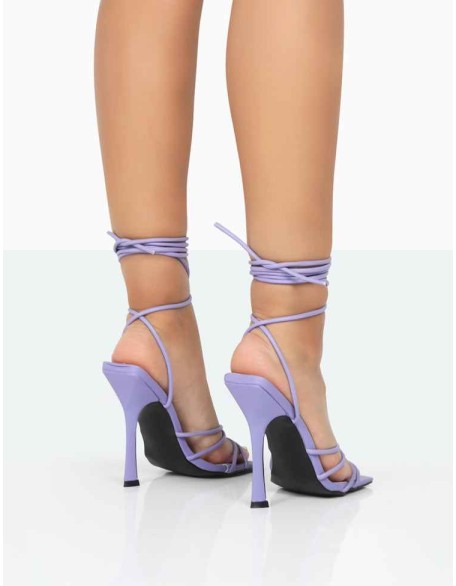 Humble Purple PU Strappy Lace up Stiletto Square Toe Heels