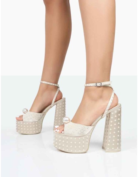 Mia Ecru Satin Pearl Open Toe Block Platform Heels