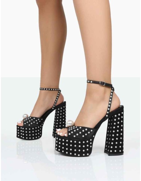 Mia Black Satin Pearl Open Toe Block Platform Heels