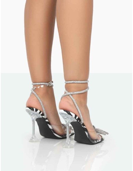 Glimmer Zebra Monochrome Wrap Around Sparkly Diamante Bow Square Toe Heels