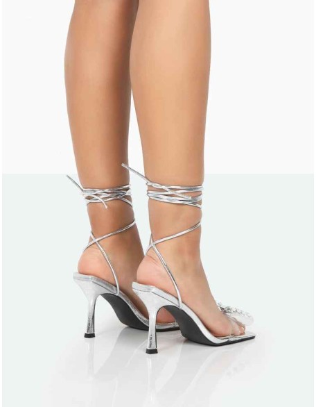 Peony Silver Croc PU Strappy Bow Square Toe Stiletto Heels