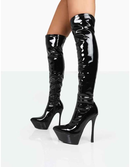 Trixie Black Patent Stiletto Platform Over the Knee Boots