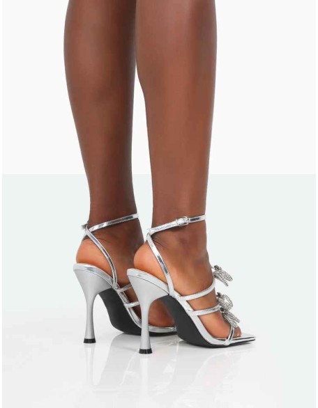 Amelia Silver Mirror Sparkly Diamante Strappy Bow Square Toe Stiletto High Heels