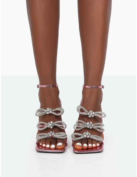 Amelia Pink Mirror Sparkly Diamante Strappy Bow Square Toe Stiletto High Heels