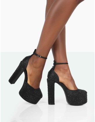 Effie Black Sparkly Diamante Ankle Strap Block Heel Platform Court High Heels
