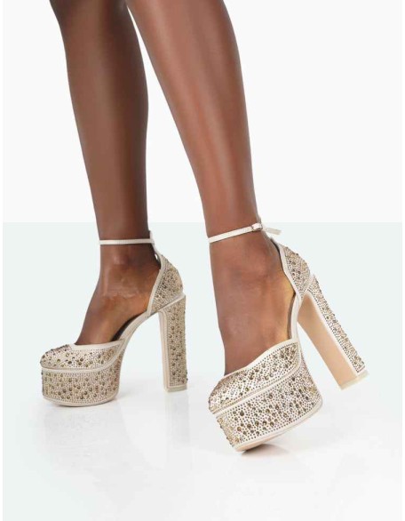 Effie Gold Sparkly Diamante Ankle Strap Block Heel Platform Court High Heels