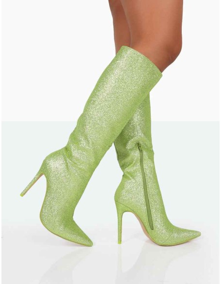 Diva Lime Glitter Pointed Toe Stiletto Knee High Boots