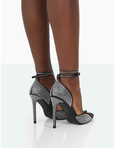 Glitch Black Sparkly Diamante Mesh Pointed Toe Court Stiletto High Heel