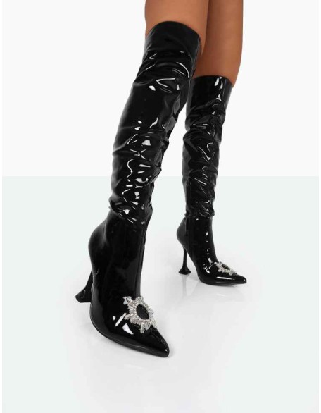 Sonny Black Patent Sparkly Diamante Stud Pointed Toe Stiletto Heel Over the Knee Boots
