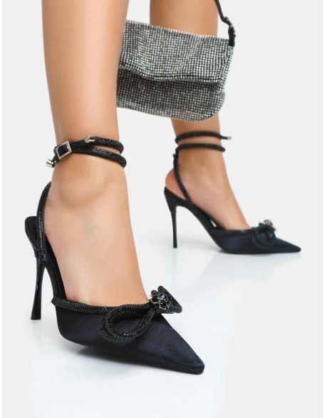 Midnight Black Satin Wrap Around Black Diamante Bow Pointed Toe High Heels