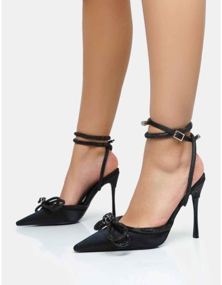 Midnight Black Satin Wrap Around Black Diamante Bow Pointed Toe High Heels