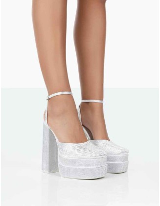 Moonchild White Diamanté Satin Closed Toe Statement Platform Block Heels