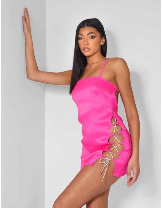 Diamante Rope Square Neck Mini Dress Pink