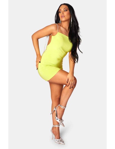 Diamante Extreme Strap Slinky Mini Dress Lime
