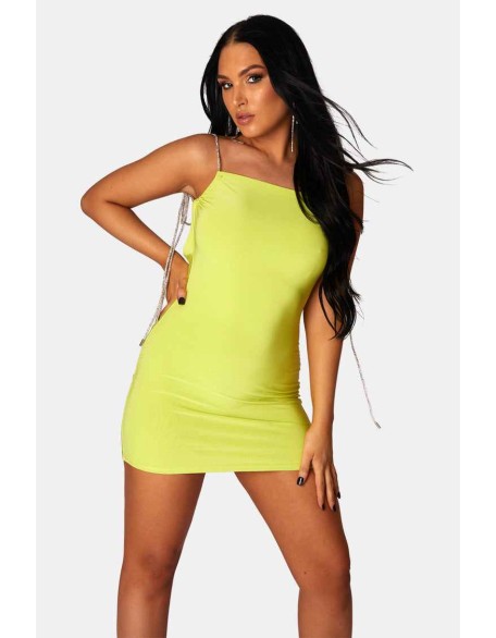 Diamante Extreme Strap Slinky Mini Dress Lime