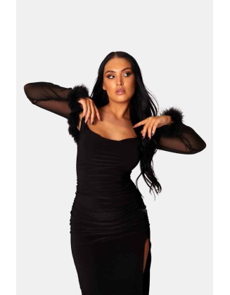 Feather Trim Mesh Shrug Black