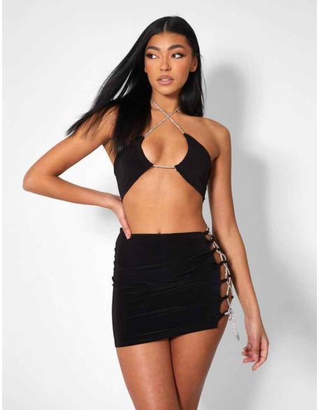 Diamante Rope Slinky Mini Skirt Black