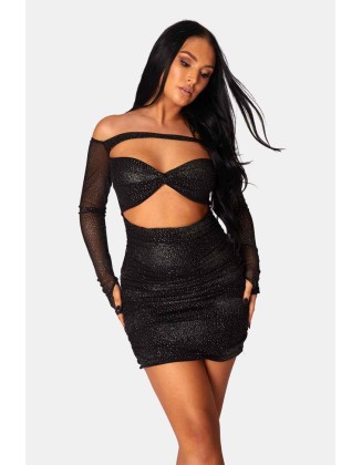 Glitter Mesh Cutaway Mini Dress Black