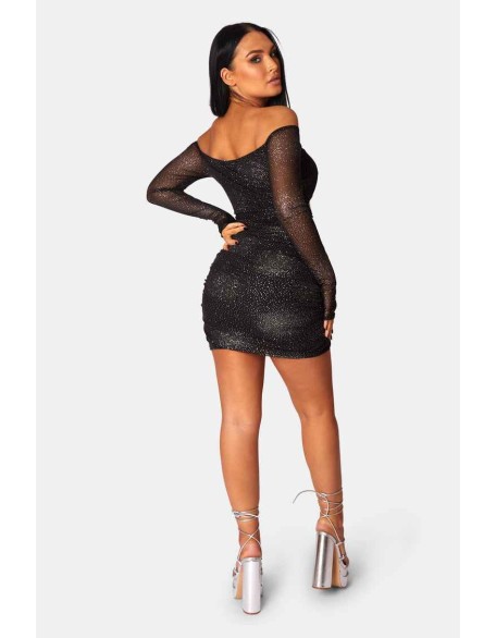 Glitter Mesh Cutaway Mini Dress Black