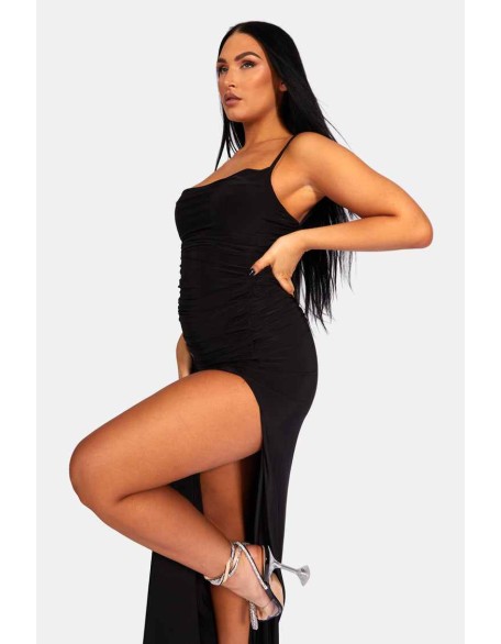 Cowl Neck Extreme Split Slinky Maxi Dress Black