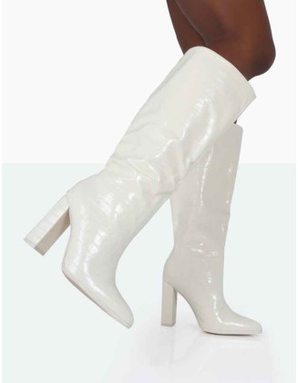 Posie Wide Fit Ecru Croc Knee High Block Heel Boots