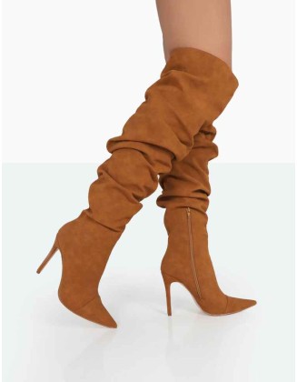 Lariza Tan Faux Suede Pointed Toe Stiletto Over the Knee Boots