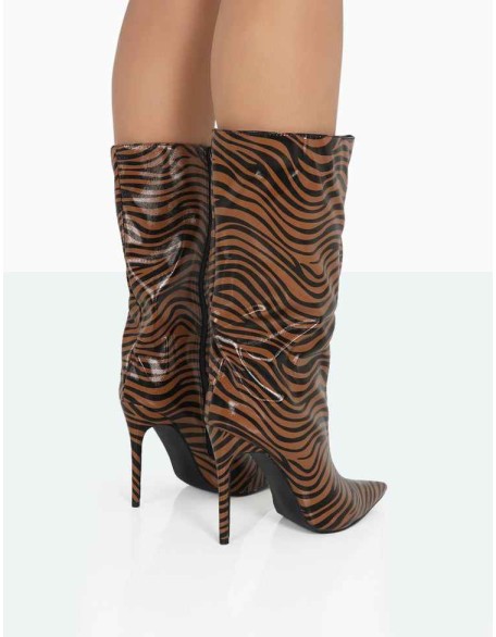 Wanda Camel Zebra PU Pointed Toe Stiletto Knee High Boots