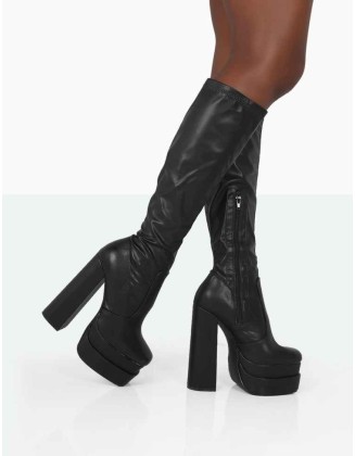 Passive Wide Fit Black Pu Square Toe Platform Block High Heel Over the Knee Boots