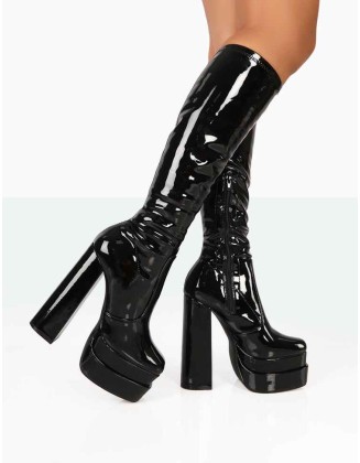 Passive Wide Fit Black Patent Square Toe Platform Block High Heel Over the Knee Boots