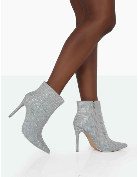Verona Wide Fit Silver Sparkly Diamante Stiletto Ankle Boots