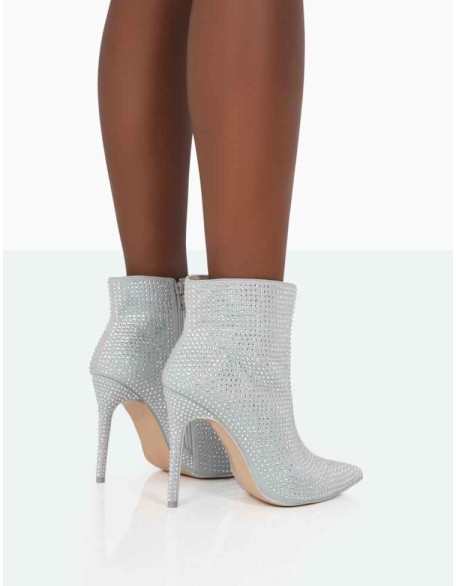 Verona Wide Fit Silver Sparkly Diamante Stiletto Ankle Boots